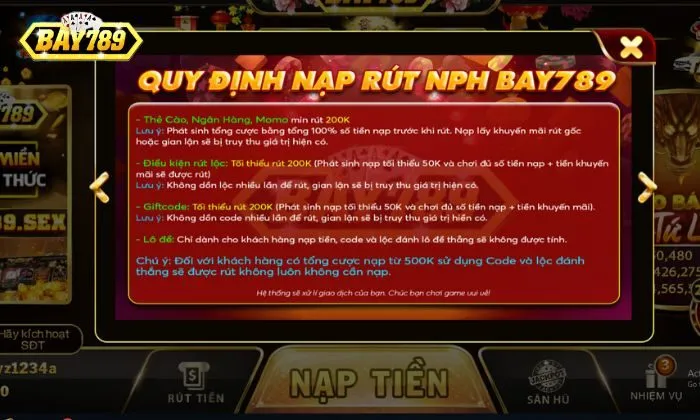 Quy định nạp rút NHP Bay789